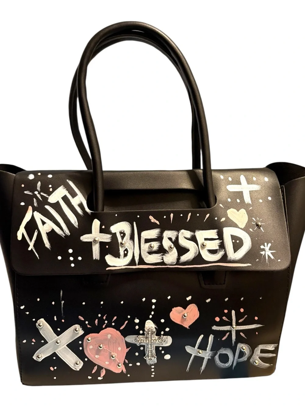 Black Hand-Painted Statement Tote Bag - Faith Blessed Hope
